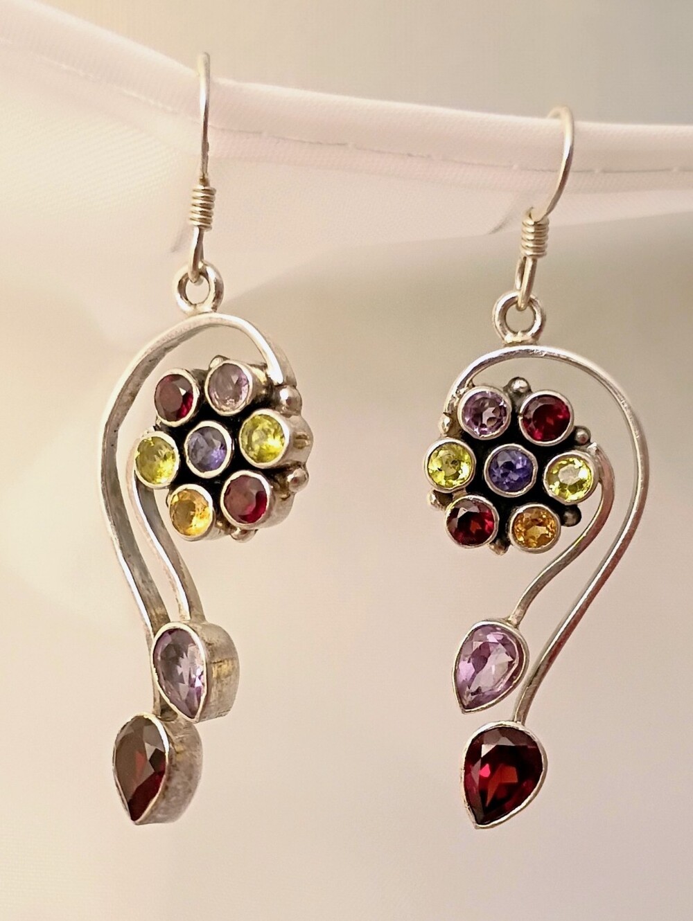 925 Silver Multicolor Gemstone Teardrop Dangle Earrings